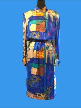 NWOT, Never Worn Vintage Louis Feraud Silk Multicolor High Neck Dress Size US 10